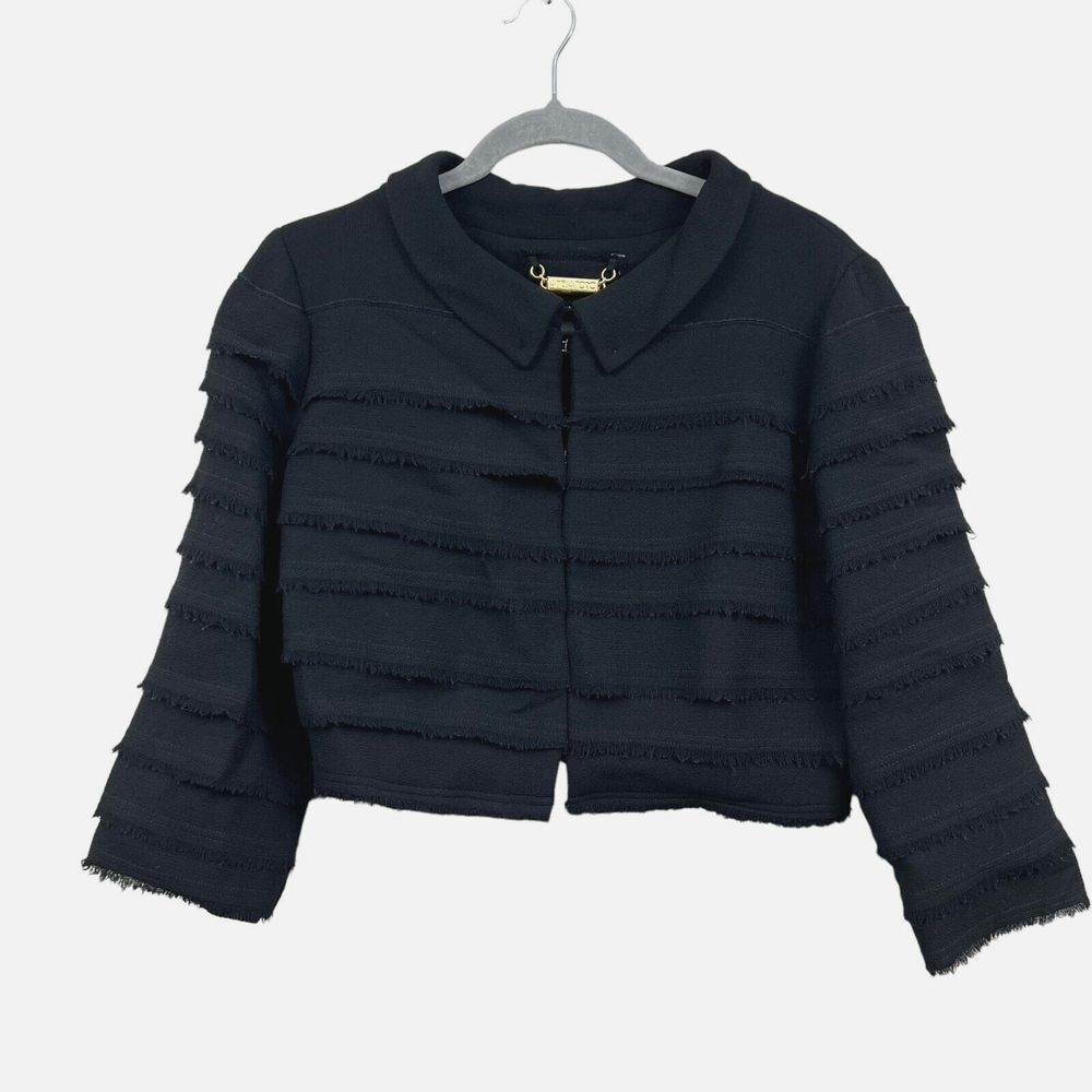 Amelia Toro Womens Wool Blazer Tiered Fringed Trim 3/4 Sleeve Lined Black Sz 6*